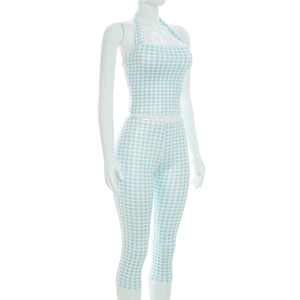 Viviblook C26ST238 Women Summer <b>Set</b> New <b>Sexy</b> Sleeveless Plaid Print Halter Backless Vest Cropped Pants Casual Two Pieces <b>Set</b> - Product Image 3