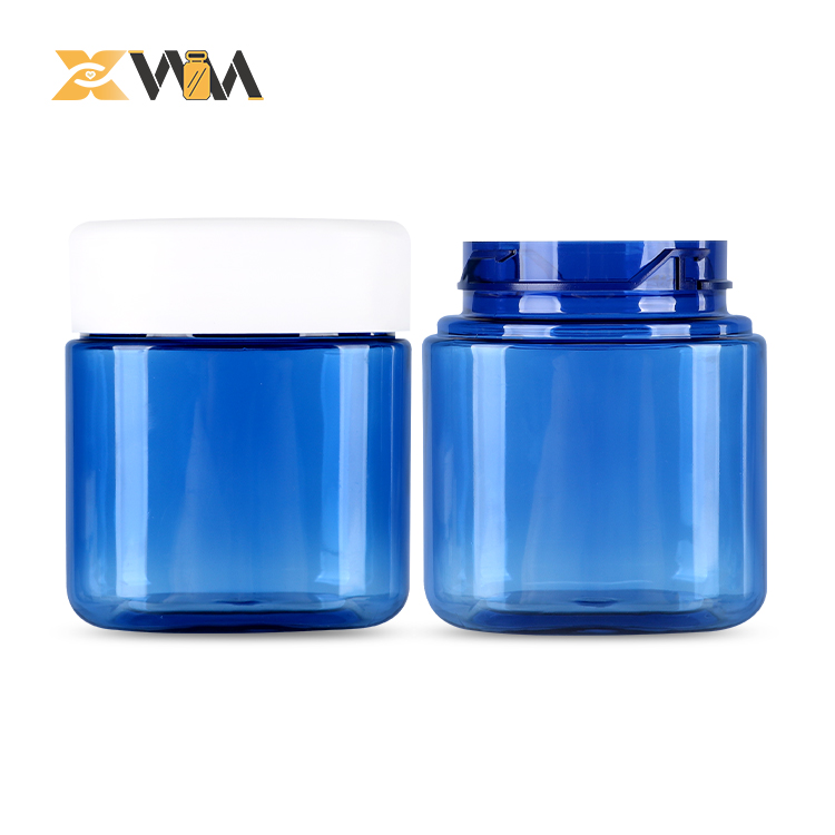 Square PET Plastic Bottle 100-550ml Blue Transparent 73mm Wide Mouth with Induction Seal for Vitamin & Supplement Container