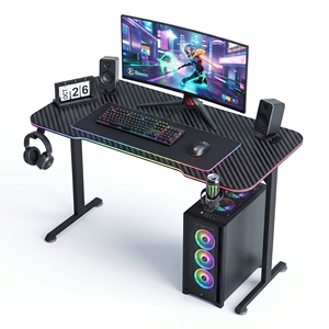 Bureau de jeu avec surface en fibre de carbone, éclairage LED RGB, crochet pour casque, structure en acier, bureau d'ordinateur durable pour les joueurs d'e-sport - Product Image 1