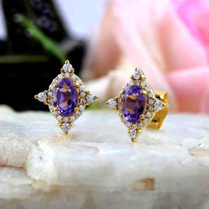 14K Solid Yellow Gold Amethyst Stud Earrings with Lab Grown Diamond For <b>Women</b> Luxury 14k Yellow Gold Pears <b>Set</b> Diamond Earrings - Product Image 3