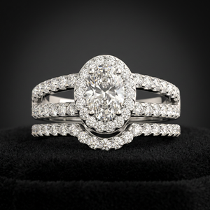 IGI Certified Oval Cut Lab Grown Halo <b>Split</b> Shank Bridal <b>Ring</b> Set 10K/14K/18K Gold 925/935 Silver Rhodium Plated Vaayu Jewels - Product Image 1