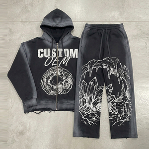 เสื้อฮู้ดดี้ผู้ชายทรงโอเวอร์ไซส์แบบสองชิ้น ผ้าหนา 400 GSM พิมพ์ลายดิจิตอลลายกราฟิกแบบย้อนยุค ตกแต่งด้วยคริสตัลแบบ Acid Washed  รับผลิตตามแบบ OEM - Product Image 1