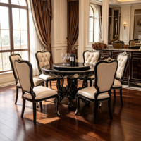 Ensemble de table à manger classique européen avec plateau tournant, cadre en bois massif sculpté, chaises en cuir, meubles de salle à manger, vente en gros