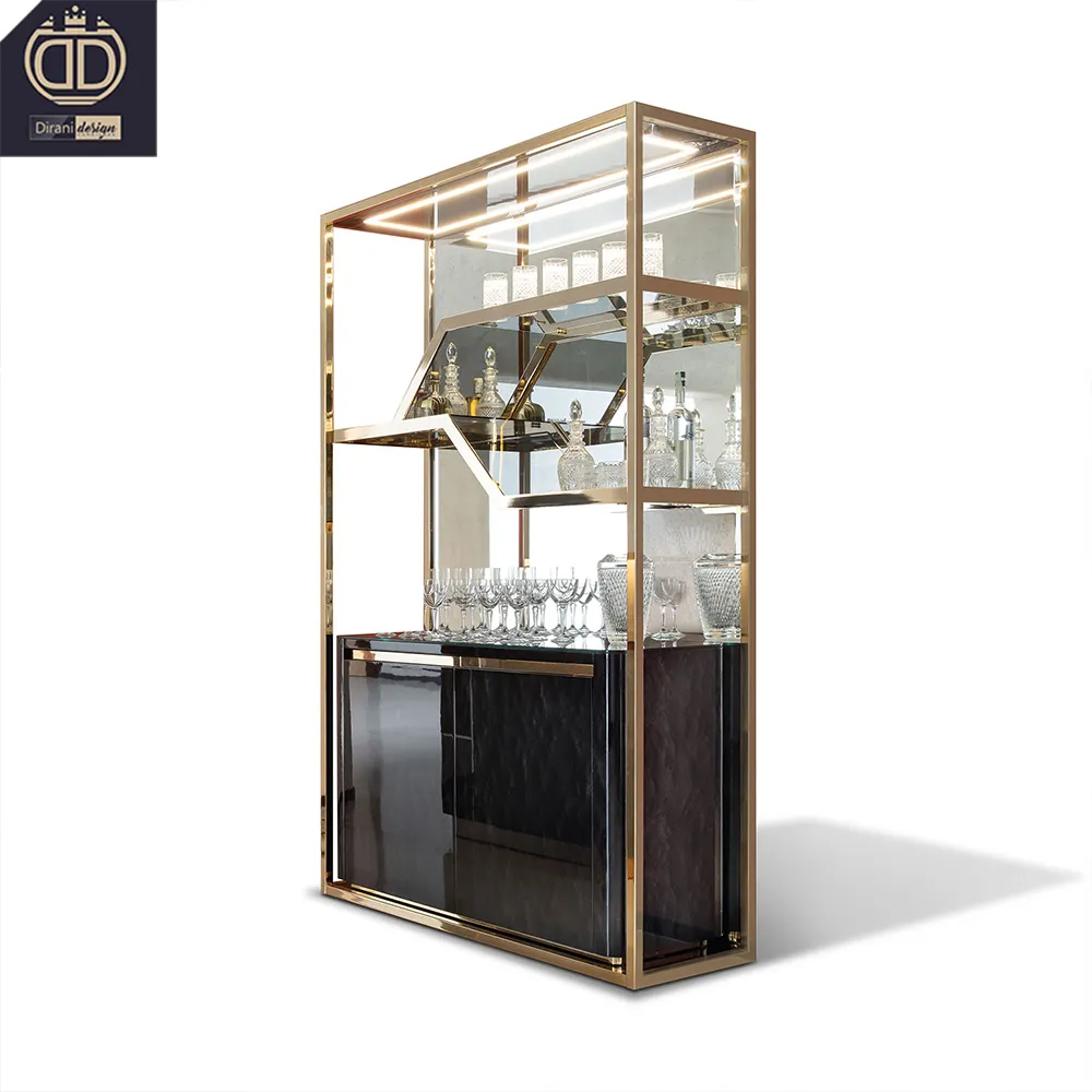 Armário de vinho, porta-bar dourado de aço inoxidável moderno de luxo armário de madeira para casa
