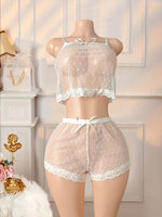 Ensemble de vêtements de détente en maille transparente à pois pour mariée, avec camisole à nœud frontal et ourlet en dentelle, et short à cordon de serrage, pour lune de miel