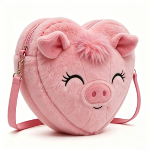 Customized <b>Pink</b> Plush Pig Heart Crossbody Bag,Fuzzy <b>Purse</b> with Embroidered Pig Face, Adjustable Strap and Heart Shape - Product Image 2