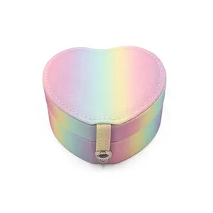 Caixa de couro para armazenamento de joias, pulseira e colar, organizador de joias em forma de coração e arco-íris, cor brilhante