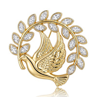 Broche personnalisée en métal en forme de colombe de la paix, en alliage plaqué argent et or, avec strass