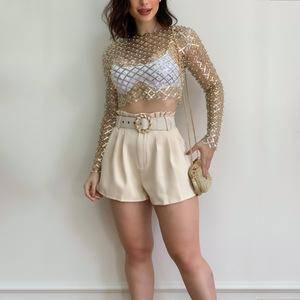 King Mcgreen Star Mesh <span class=keywords><strong>Crop</strong></span> <span class=keywords><strong>Top</strong></span> pour Femme Perles Perlées Sequin Transparent T-shirts à Manches Longues - Product Image 2
