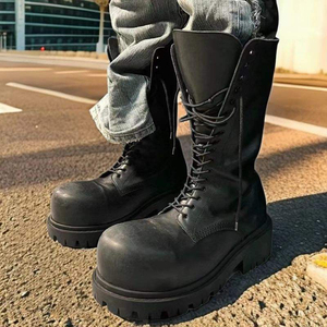 Bottes d'automne classiques noires pour hommes en denim vintage à lacets, avec logo personnalisé, bout rond, semelle épaisse et semelle intérieure en PU - Product Image 1