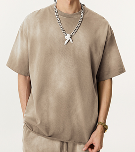 Men's Regular Fit Drop Shoulder Washed Spray Stone T Shirt Summer American Plain Roll Cuff Short Sleeve Plus 100% Cotton Woven - Product Image 2
