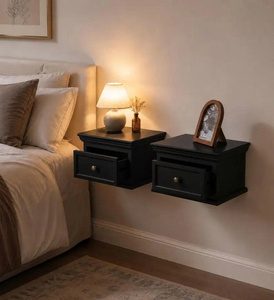 Muebles de Dormitorio Tradicionales de Diseño Moderno, Mesita de Noche Flotante Moderna con Almacenamiento, Mesa de Noche de Madera de Mango Montada en la Pared con Cajón - Product Image 5