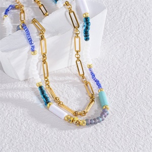 Colliers pour femmes en acier inoxydable, chaîne à maillons superposés, chaîne à perles colorées, bijoux fins et élégants - Product Image 2