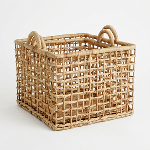 Handmade Eco-Friendly Sustainable Natural Color Water Hyacinth Square <b>Storage</b> Basket 50x50x40CM Iron Frame Flexible Living Room - Product Image 1