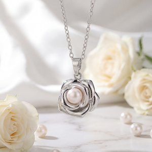 <b>Copper</b> 3D Rose Flower Freshwater Pearl Pendant Necklace Sculptured Petal Romantic Bridal Jewelry Gift for Women - Product Image 4