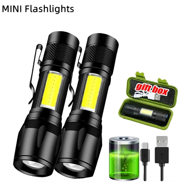 Mini LED Flashlight COB+XPE Portable Torch USB Charging Camping Lantern Zoomable Focus Light Tactical Flashlight with Pen Clip