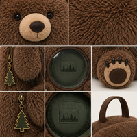 Sac à dos personnalisé en forme d'ours grizzly avec fenêtre ronde en PVC, doublure verte thème parc national, breloque pin et sangles de sac à dos