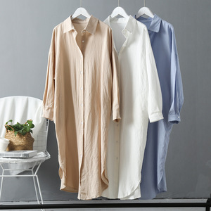 Nouveau coton lin couleur unie hauts femmes à manches longues lâche <span class=keywords><strong>chemise</strong></span> robes - Product Image 3