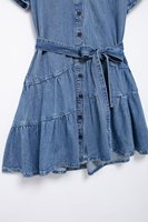 Robe Courte en Jean à Col Revers pour Femme, Manches Courtes, Élastique, Élégante et Décontractée