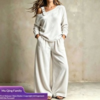 Nouvel ensemble décontracté deux pièces en velours uni pour femme, style européen et américain, pantalon ample à jambes larges et haut à manches longues épaules dénudées