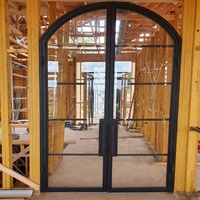 Porte d'entrée extérieure de sécurité Tanlong moderne en acier noir avec cadre en acier, double porte française à 4 panneaux en verre trempé transparent