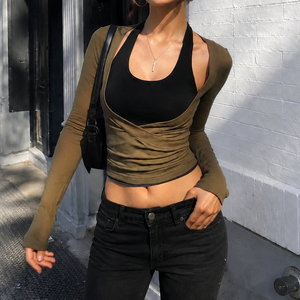 Conjunto de Dos Piezas de Punto con Cuello Halter en Bloques de Color, Chaleco sin Mangas con Cuello en U y Top de Manga Larga, Atuendo Casual Retro Y2K para Mujer - Product Image 3