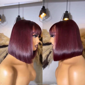 Peluca <span class=keywords><strong>de</strong></span> Cabello Humano <span class=keywords><strong>Natural</strong></span> Brasileño con Flequillo, Color Borgoña 99j, Económica y Más Vendida, con Encaje HD 2x6 para Mujer - Product Image 4