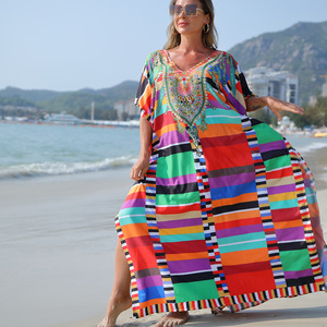 European American Style Sexy <strong>Plus</strong> <strong>Size</strong> Bikini Sunscreen Polyester Stripe Printed Robe Four-Sided <strong>Beach</strong> Swimsuit <strong>Cover</strong> <strong>Ups</strong> - Product Image 3