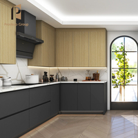 Armoires de cuisine modernes écologiques en contreplaqué préfabriqué, placage de bois, mélamine, MDF, panneaux de particules, stratifié marbré, panier à tiroirs