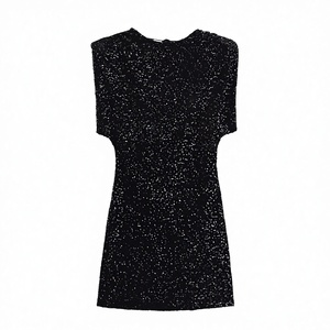 Vestido Mini Ajustado con Lentejuelas y Cuello Redondo, Manga Corta, para Fiesta, Color Negro Sólido, Tejido 100% Poliéster - Product Image 2