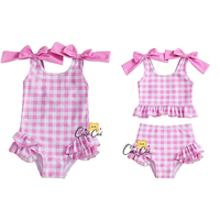 Traje de Baño de Verano para Niñas, Color Rosa, con Lazo de Guinga, Tela de Yoga, Traje de Baño Personalizado para Niñas, Bikini Infantil