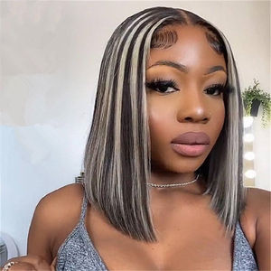 Nueva tendencia-Peluca de cabello humano brasileño para mujeres negras, postizo de encaje frontal con cierre Bob corto, de platino - Product Image 1