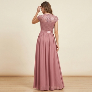 Abito da sera rosa <span class=keywords><strong>cannella</strong></span> a maniche corte |   Abito formale lungo fino al pavimento con spacco laterale e cerniera centrale sul retro - Product Image 4