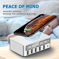 Chargeur rapide intelligent 6 ports 100W Type C PD 15W sans fil avec écran LCD pour téléphone, sortie sécurisée 1.5A compatible avec les normes AU/EU/US