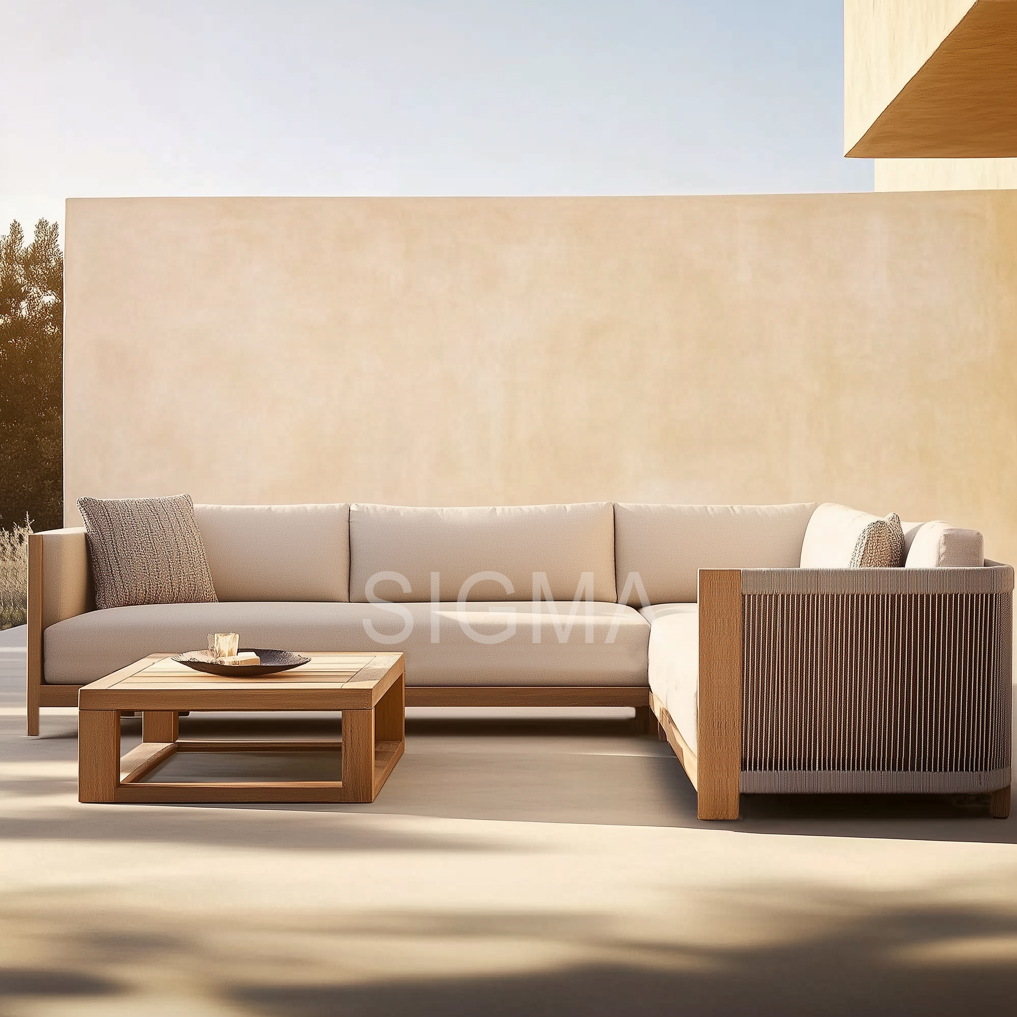 2025 Customized Designer Modern Hotel Exterior Outdoor Villa Patio Teak Solid Wood Sofa Set Furniture Luxury Segmented Sofa Set