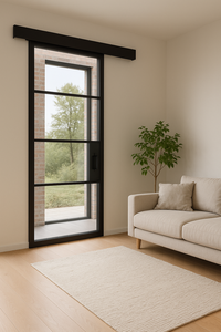<span class=keywords><strong>Puerta</strong></span> interior corrediza de vidrio de rejilla de un solo panel <span class=keywords><strong>Puerta</strong></span> de ahorro de espacio con marco de metal negro - Product Image 4