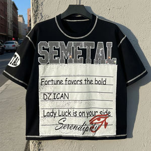 T-shirt en coton surdimensionné à imprimé personnalisé avec strass, épaules tombantes, patchwork brodé, style streetwear pour hommes - Product Image 1