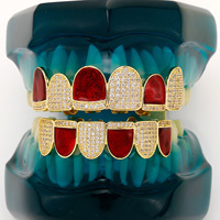 Grilles Hip Hop Dents Plaqué Or Dent Rouge Grillz Micro Pave CZ Haut et Bas Bouche Dents Grilles Ensembles