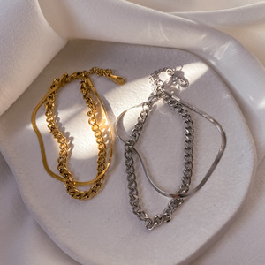 Pulsera de Doble Capa, Cadena Cubana Plana, Color Oro Acero, Acero Inoxidable, Acero Titanio, Joyería Moderna y Versátil - Product Image 3
