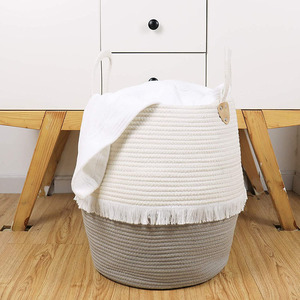 Panier de rangement tissé rond en coton et lin avec poignée, pliable, à pompons, grand format, pour vêtements, gris beige - Product Image 4