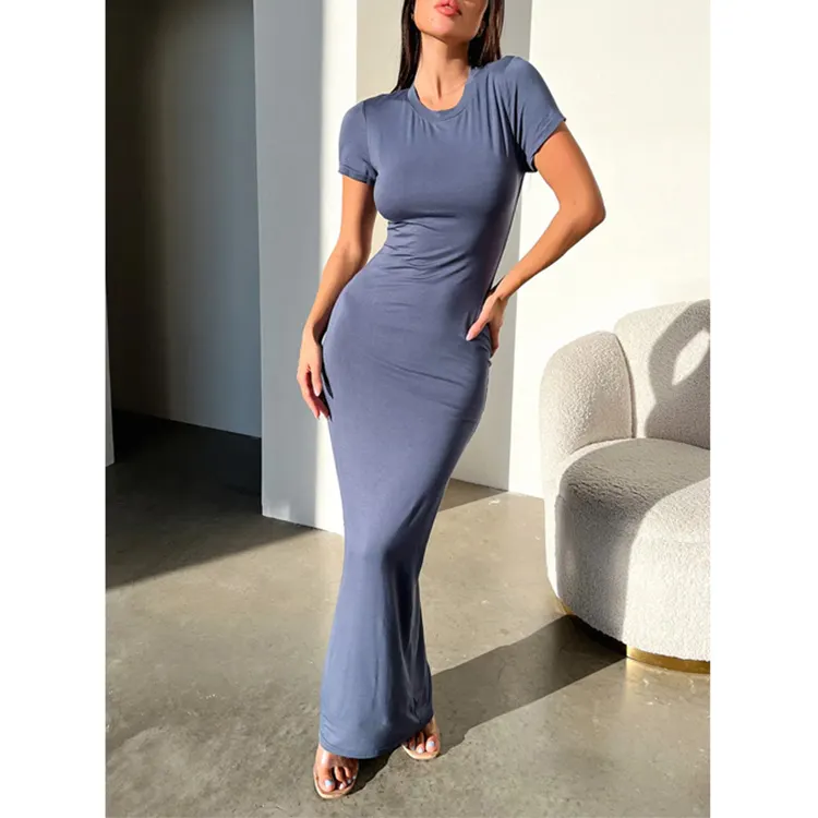 Women Sexy Party Crew Neck Long Evening Gown Dress Ladies Summer Solid Maxi Dress