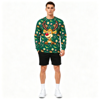Sweat-shirt à col rond pour homme personnalisé OEM ODM avec impression intégrale de rennes de dessin animé pour les fêtes de Noël