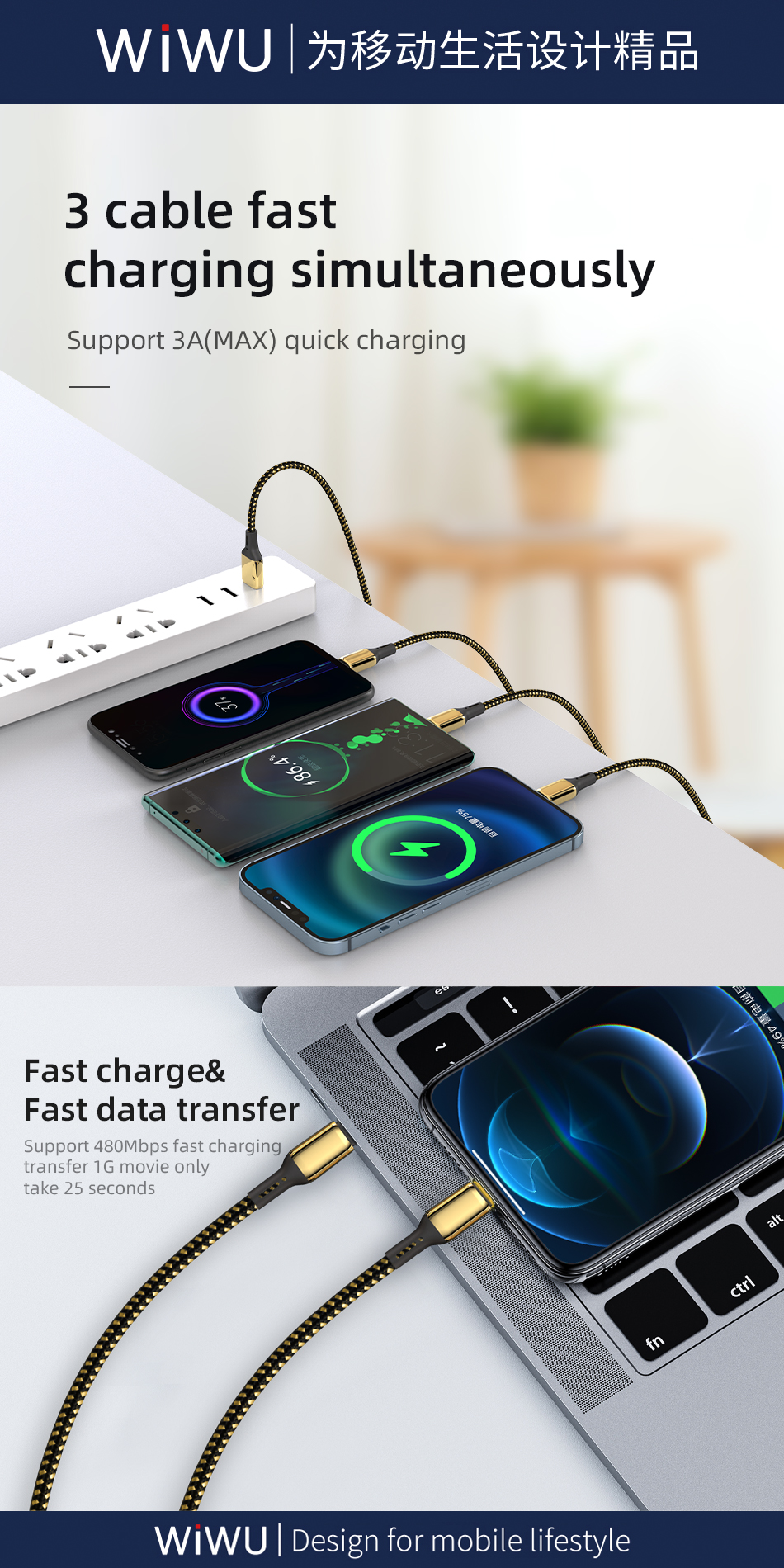 WiWU 2021 Top Selling Nylon Braided USB Dual Charging Cable Cord Charging Cable for for Android for i-Phone