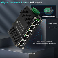 Mini Switch PoE Industrial de 5 Puertos Gigabit y 30W, Switch de Fibra PoE+ Reforzado IEEE 802.3af/at de 30W, 12V-48VDC