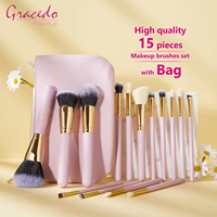 Ensemble de pinceaux de maquillage professionnel de luxe rose personnalisé avec logo, 15 pièces, poils synthétiques, manche en bois, brosse à raser incluse, Gracedo