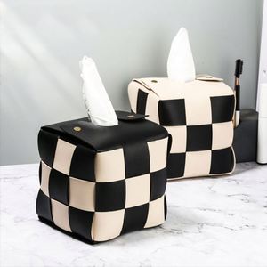 Modern PU Leather Square Checkered Tissue Holder Household Tissue Box Cover Napkin Holder for Bedroom <b>Vanity</b> <b>Desk</b> Nightstand - Product Image 3