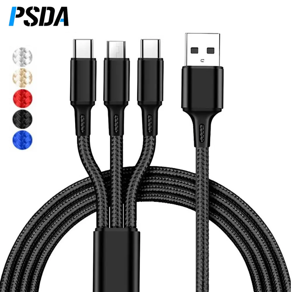 PSDA สายชาร์จแบบ3 In 1,สายชาร์จ USB Type C หลายพอร์ตสาย USB สายโทรศัพท์