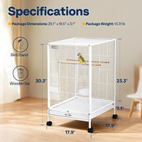 Volière carrée robuste pour oiseaux avec support à roulettes, porte avant sécurisée, tiroir de nettoyage coulissant, perchoirs en bois, structure en fer forgé, capacité 25 lb