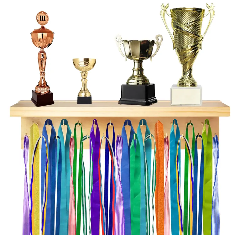 Holz medaille Kleiderbügel Display Trophäen regal mit 5 Stück Stahl haken, Auszeichnungen Medaillen halter Display Rack Trophäen regal Wand halterung