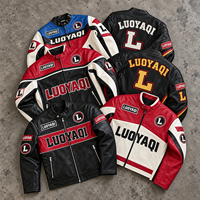 Veste de course personnalisée noire, rouge et blanche avec patchs lettrés, fermeture éclair, col montant, style streetwear décontracté urbain rétro pour hommes